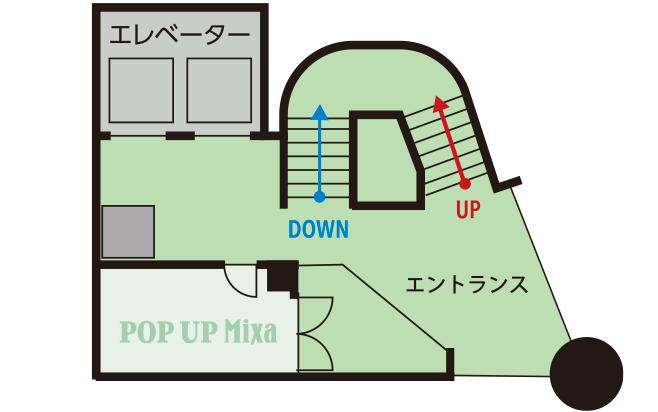 ミクサライブ東京1F。エントランス、チケットブース、エレベーターがある。